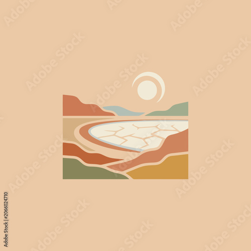 A minimalist illustration of a dry desert landscape at sunset