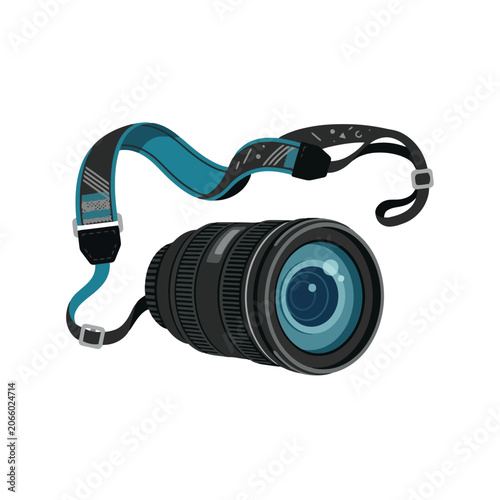 A professional camera lens with a blue strap on white background