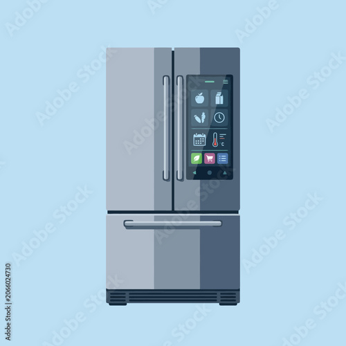 A modern smart refrigerator with a digital touchscreen display