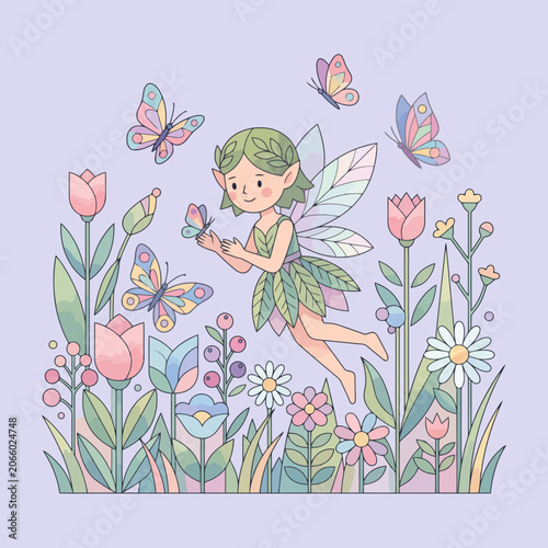 A small fairy flying among colorful flowers and bright butterflies