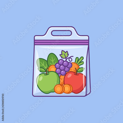 A clear plastic bag filled with fresh colorful organic produce items