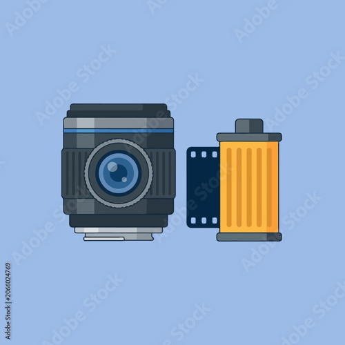 Flat vector icon of a camera lens and a film canister