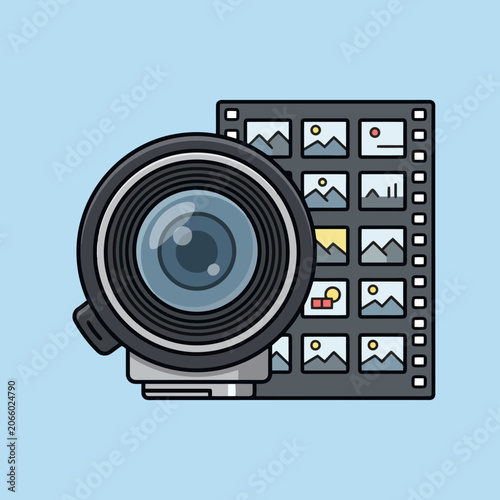 A professional camera lens sits beside a strip of film frames