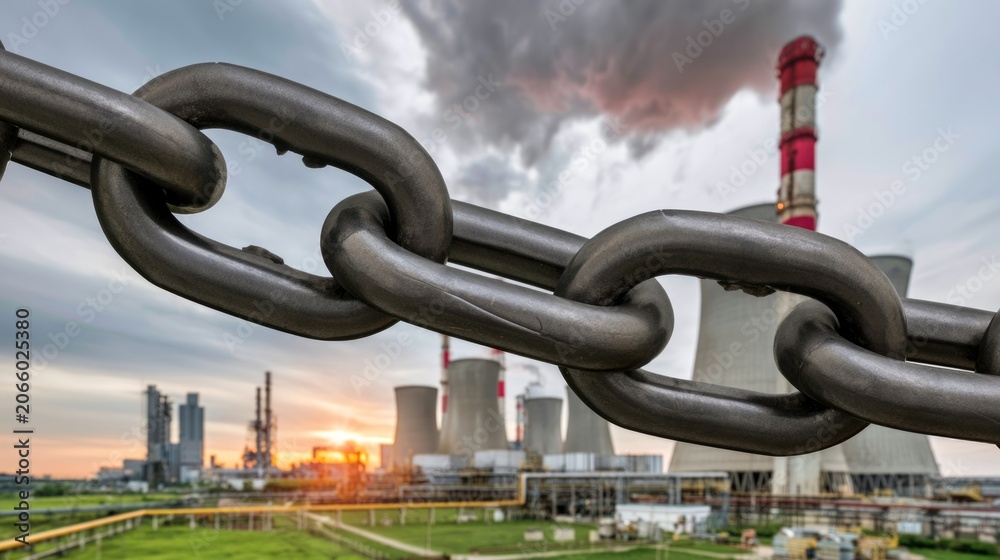 Naklejka premium Industrial Chain in Sharp Focus with Power Plant and Clouds in Background at Sunset