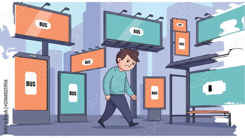 Man walking among many digital displays.
