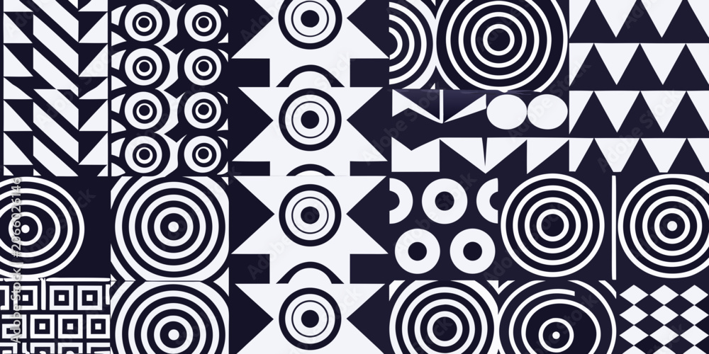 Fototapeta premium Abstract geometric pattern with circles triangles and squares in black and white
