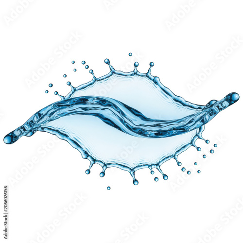 A dynamic splash of water droplets forming an abstract wave shape against a white background