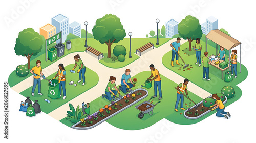 Diverse group of people participating in a community garden and recycling initiative in a bright urban park setting