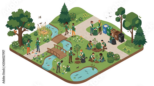 Diverse group of people actively planting trees and gardening in a vibrant park setting with a flowing stream and bridge, promoting environmental care