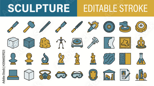 Quadro su tela Sculpture icons set for artistic projects featuring chisels hammer tools and clay statues