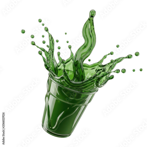 A close-up view of a vibrant green liquid splashing out of a clear glass.
