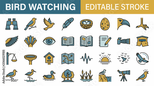 Fotografie Bird watching icons featuring binoculars wildlife nature observation and ornithology gear