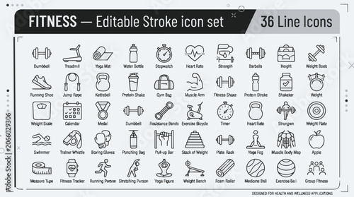 Fitness editable stroke icon set 36 line icons for health and wellness applications.