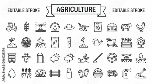 Agriculture editable stroke icon set with 36 line icons for farming and crops.