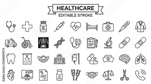 Healthcare medical outline icon set for hospital equipment doctor tools and patient care.