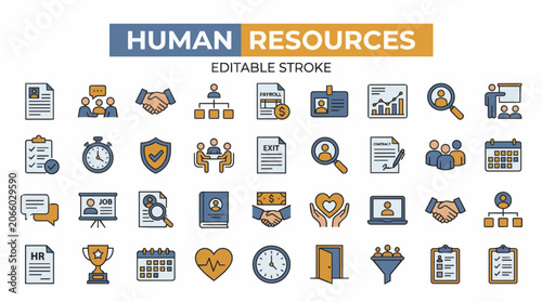 Human resources icon collection for recruitment career hiring and employee management tasks.