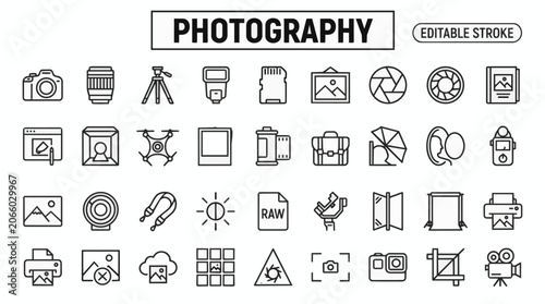 Photography, camera, lens, and studio editable stroke line icons for hobby.