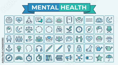 Mental health icons set for wellness psychology self care and emotional balance concepts.
