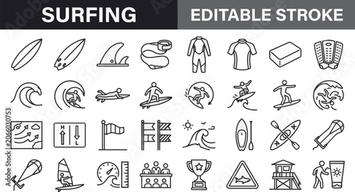 Surfing icons collection with editable stroke for web and apps.