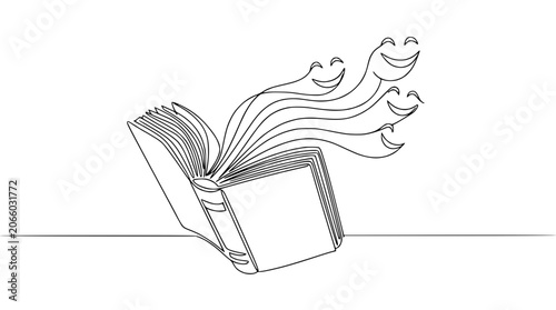 Open Book with Smiling Faces Emerging - Joyful Storytelling, Imagination