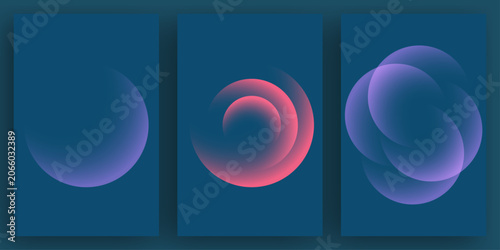 Konstfotografi Set of three abstract blue dark posters featuring gradient light circles and soft curves
