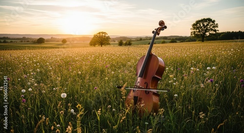 Violin standing in a golden wheat field at sunset