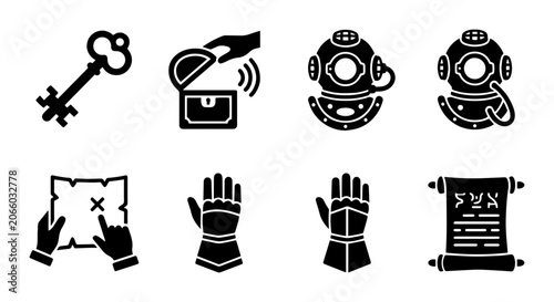 Obraz na płótnie Adventure Icons: Treasure Map, Key, Chest, Dive Helmets, Gauntlets, Scroll Vecto