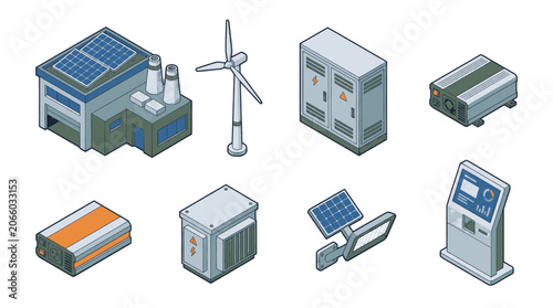 Isometric set of renewable energy equipment and technology components for power generation and distribution.