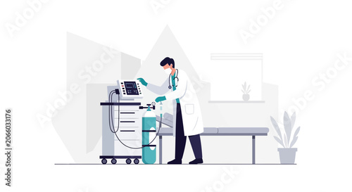 Medical Professional Adjusting Ventilator, Showing Healthcare And Modern Technological Treatment