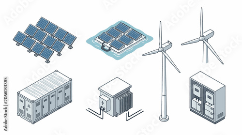 Set of isometric illustrations depicting renewable energy sources and related infrastructure, including solar panels, wind turbines, and electrical equipment.