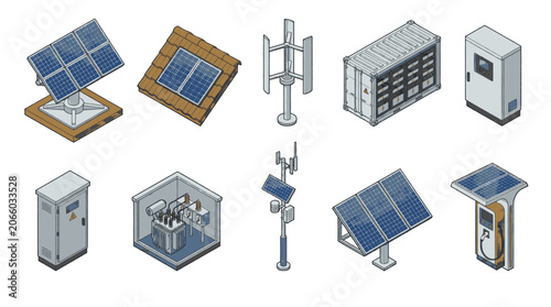 Collection of isometric illustrations depicting various renewable energy and technology components, including solar panels, charging stations, and communication towers.