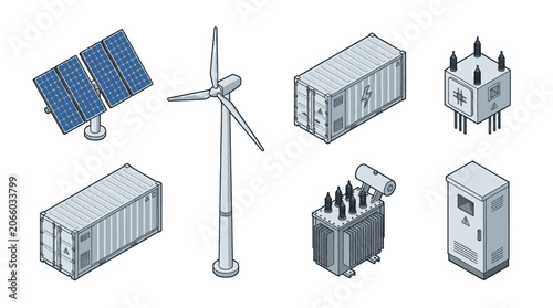 Set of isometric icons representing renewable energy sources and electrical equipment for power generation and distribution.