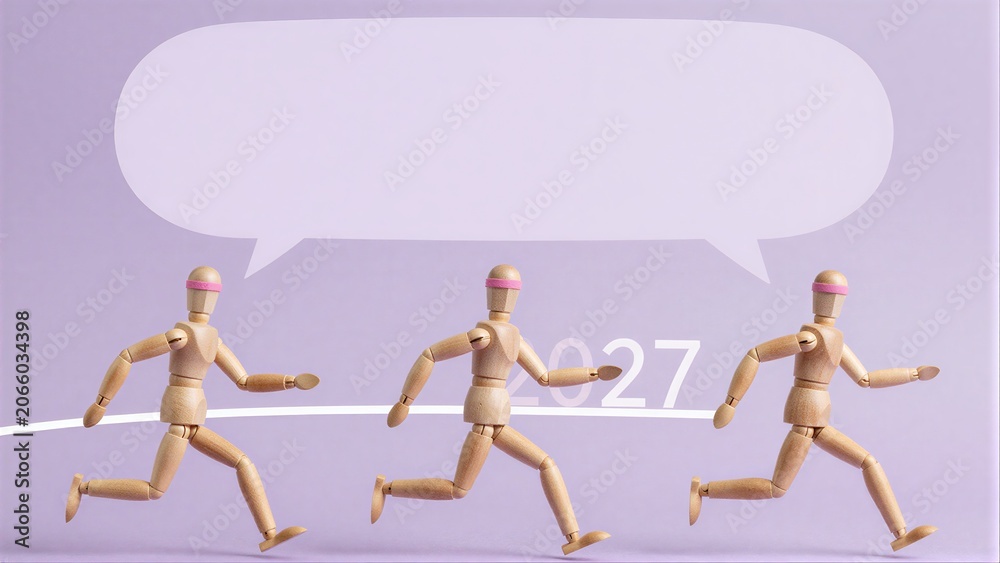 Obraz premium Three wooden figures race toward 2027, symbolizing forward movement and future goals.