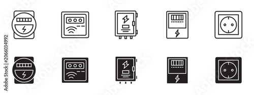 Electricity Meter Icon Set, Energy Consumption Gauge and Utility Power Measure Vector Symbols
