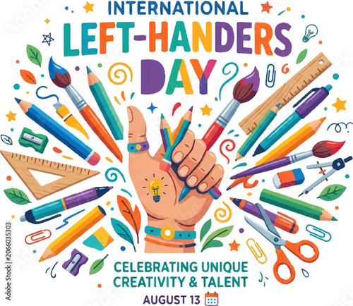 International Left-Handers Day, Celebrating Unique Creativity, Left-Handed Awareness, Colorful Illustration, Hand Diversity