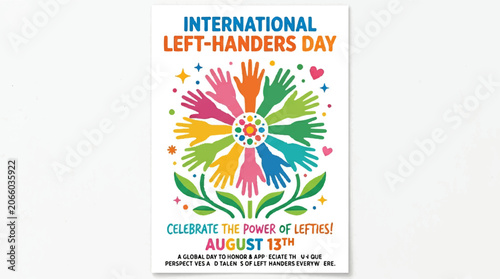 International Left-Handers Day poster, colorful illustration, celebration design, August 13th awareness
