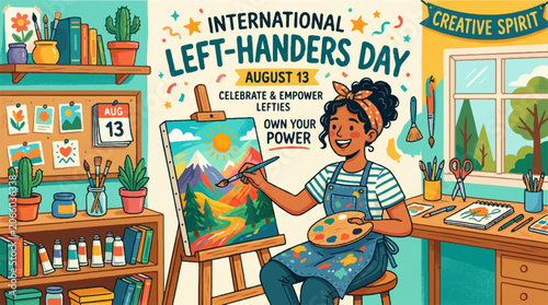 International Left-Handers Day, left-handed artist, creative workspace, painting studio, colorful illustration