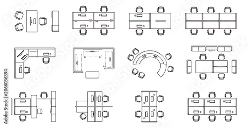 Office furniture floor plan icons, 12 top view workstation vector symbols, architectural desk and chair layout set for interior design