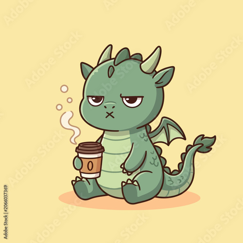 Bild auf Leinwand Cute cartoon dragon with coffee.
