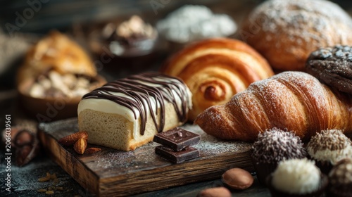 assortment of baked goods and chocolates including croissants and slices of cake on rustic wooden