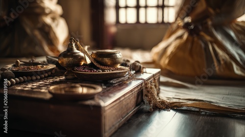 Golden vessels on a wooden chest with beads and window in soft light