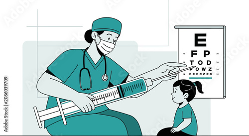 Medical Professional Administering Injection and Eye Chart Exam for a Child in an Office Setting