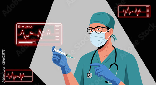 Medical Professional Administering Injection and Monitoring Vital Signs Illustrated Artwork