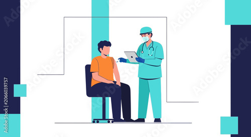 Medical Professional Administering Injection and Consulting Patient on Digital Tablet