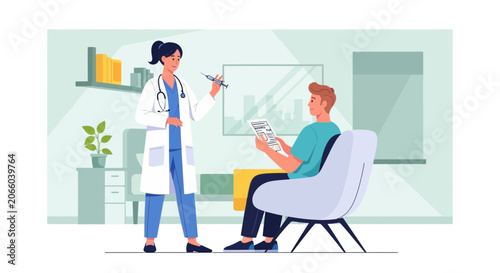 Medical Professional Administering Injection and Consulting Patient While Reviewing Forms