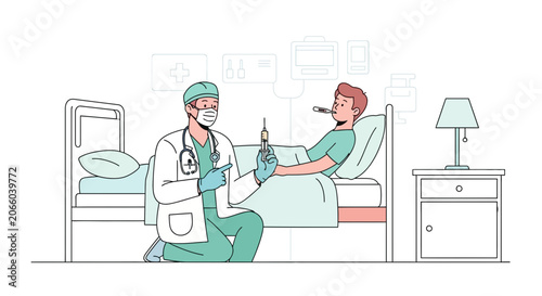 Medical Professional Administering Injection and Consulting Sick Patient in Bedroom Setting