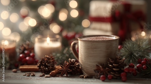 Cozy Christmas Holiday Scene with Warm Mug and Festive Decorations