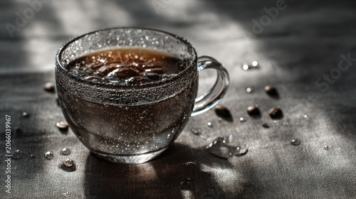 Aromatic coffee cup with coffee beans, light play, and sparkling water drops in cinematic lighting