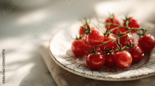 Freshly picked ripe cherry tomatoes on a decorative plate in natural light