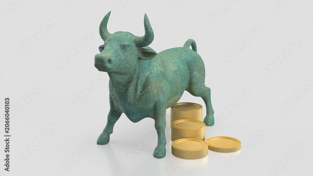 Fototapeta premium Bull Market Wealth Concept With Coins On White Background 3d render.
